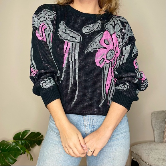 Vintage Metallic Black, Silver & White Patterned Knit Sweater (M)